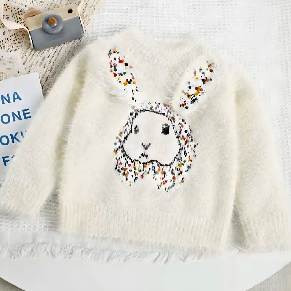Cream Big Bunny Faux-fur Sweatshirt & Skirt, Winterwear 2Pcs set for Girls