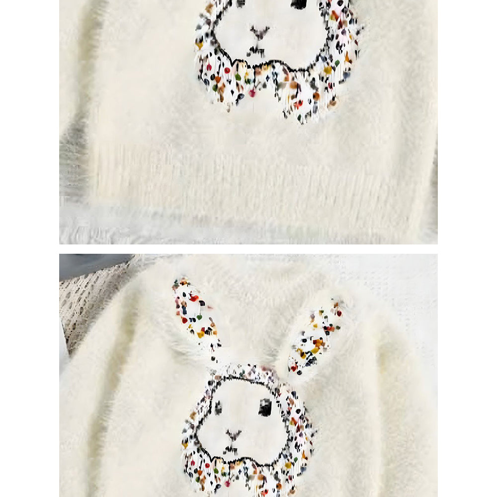 Cream Big Bunny Faux-fur Sweatshirt & Skirt, Winterwear 2Pcs set for Girls