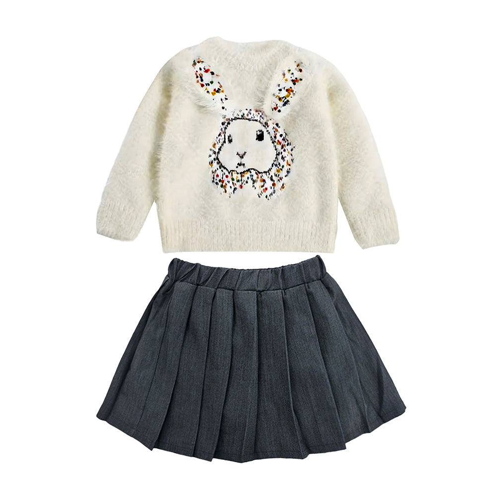 Cream Big Bunny Faux-fur Sweatshirt & Skirt, Winterwear 2Pcs set for Girls