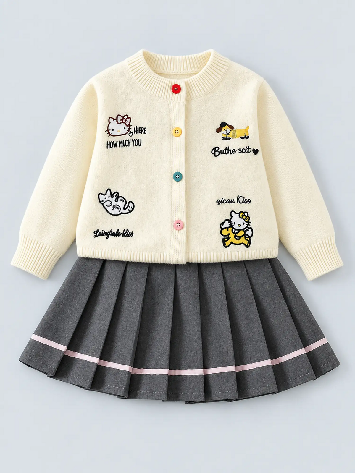 Cat-Dog Print Cream Cardigan and Pleated Skirt Winterwear 2Pcs set for Girls