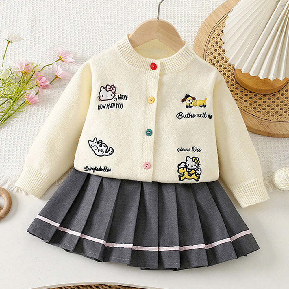 Cat-Dog Print Cream Cardigan and Pleated Skirt Winterwear 2Pcs set for Girls