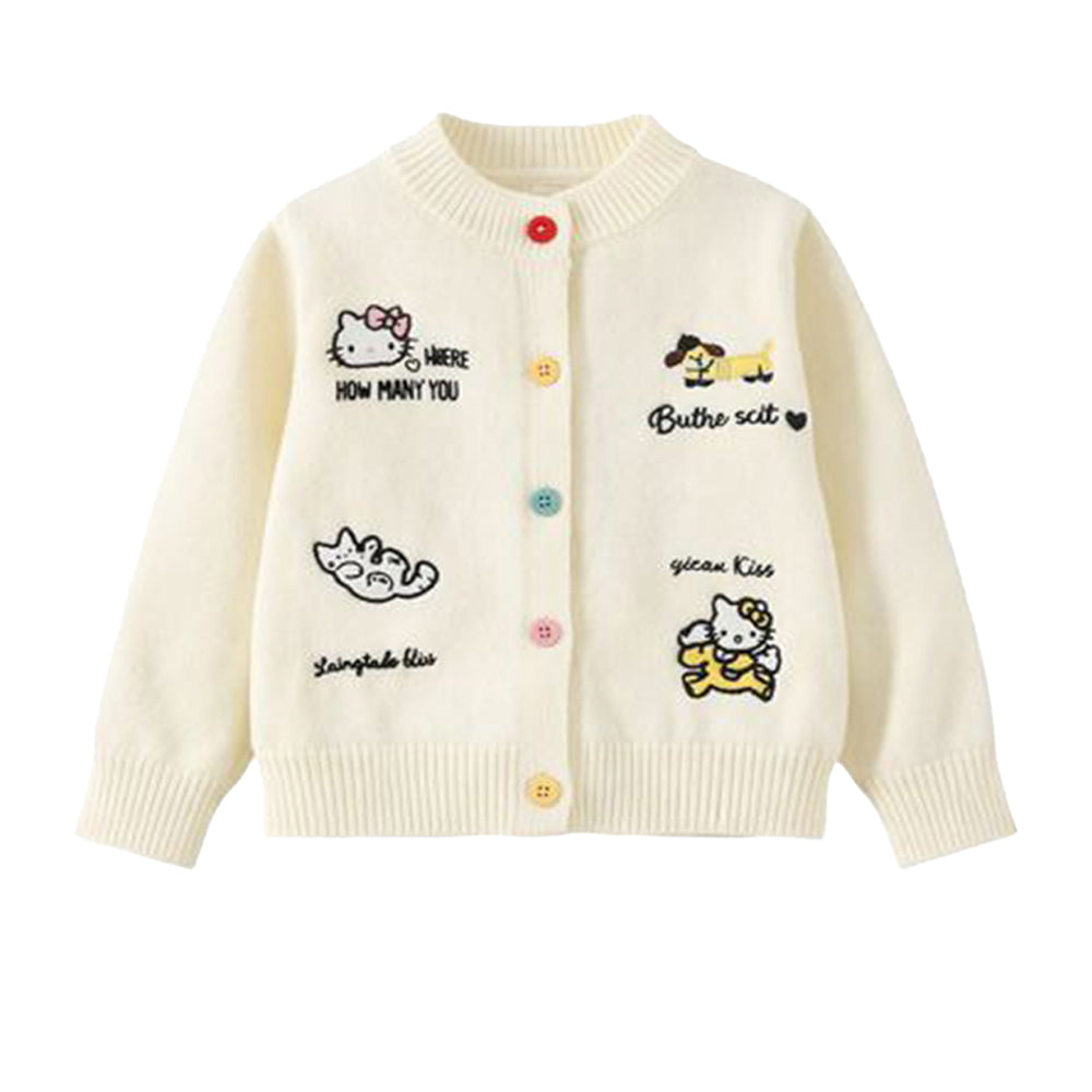Cat-Dog Print Cream Cardigan and Pleated Skirt Winterwear 2Pcs set for Girls