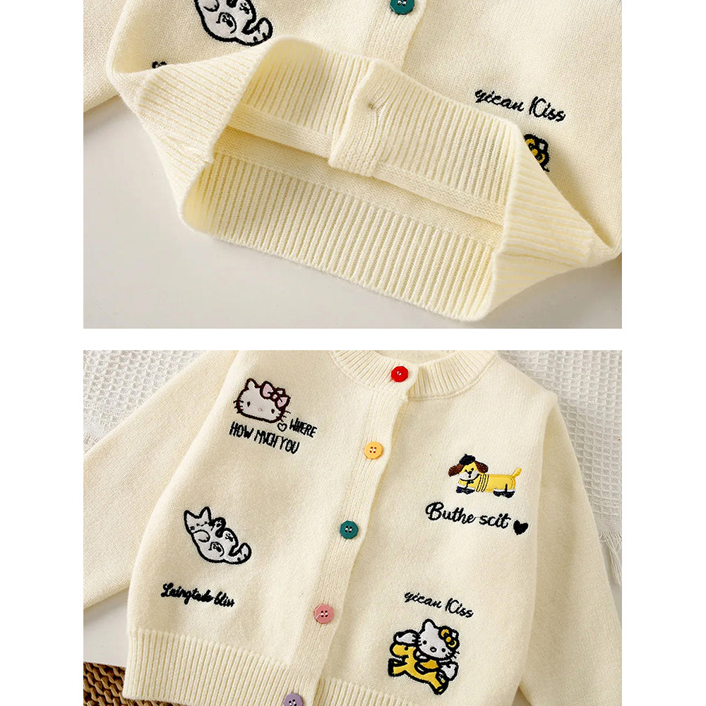 Cat-Dog Print Cream Cardigan and Pleated Skirt Winterwear 2Pcs set for Girls