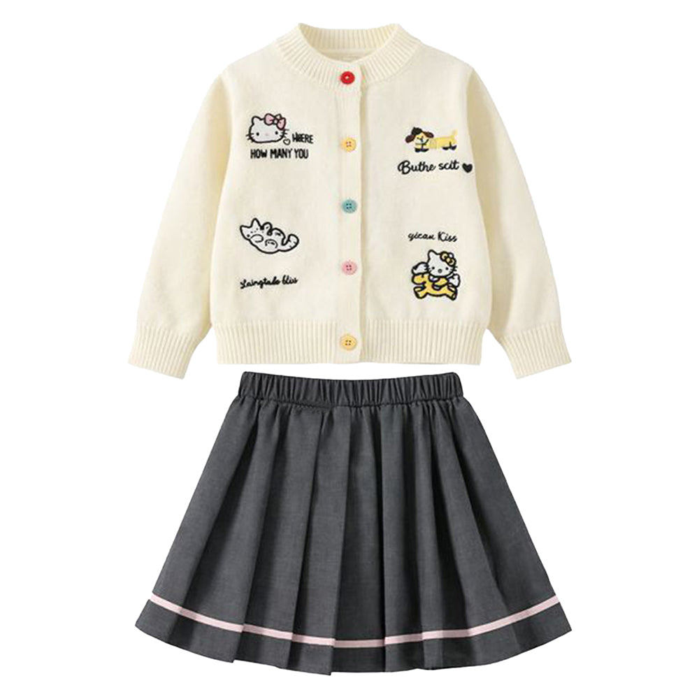 Cat-Dog Print Cream Cardigan and Pleated Skirt Winterwear 2Pcs set for Girls