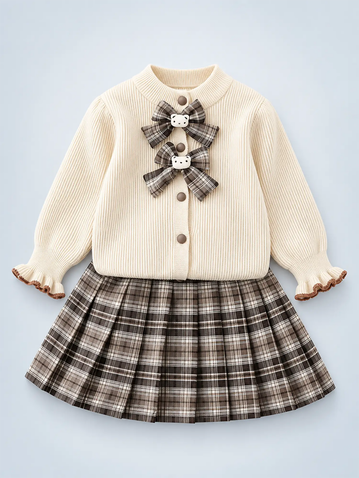 2 pcs Cream checks cardigan and Skirt Winter wear set 2 matching Teddy Clips