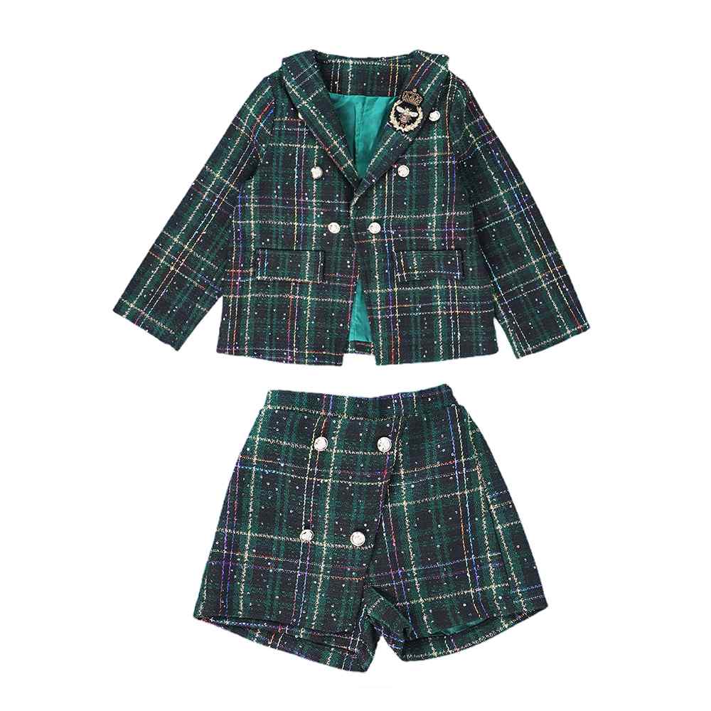 Bottle Green Scottish Style Tweed 2 pcs, Jacket and Shorts Winterwear set for Girls.