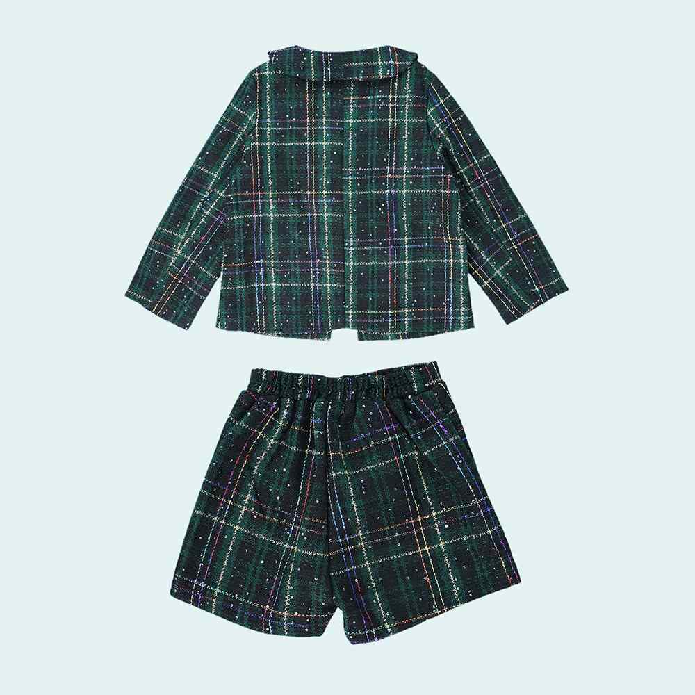 Bottle Green Scottish Style Tweed 2 pcs, Jacket and Shorts Winterwear set for Girls.