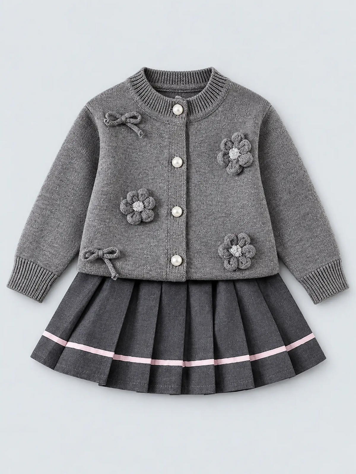 3D Flowers-Bows Grey Cardigan and Pleated Skirt Winterwear 2Pcs set for Girls