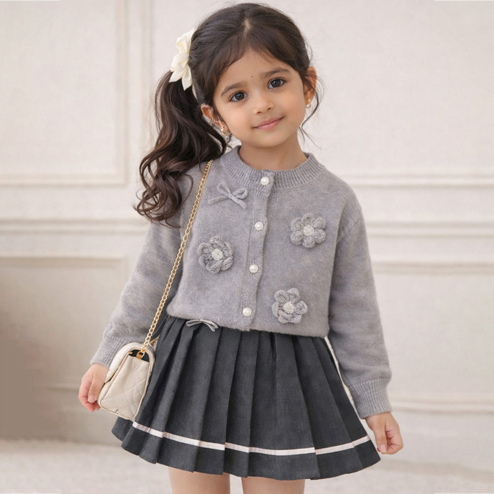3D Flowers-Bows Grey Cardigan and Pleated Skirt Winterwear 2Pcs set for Girls