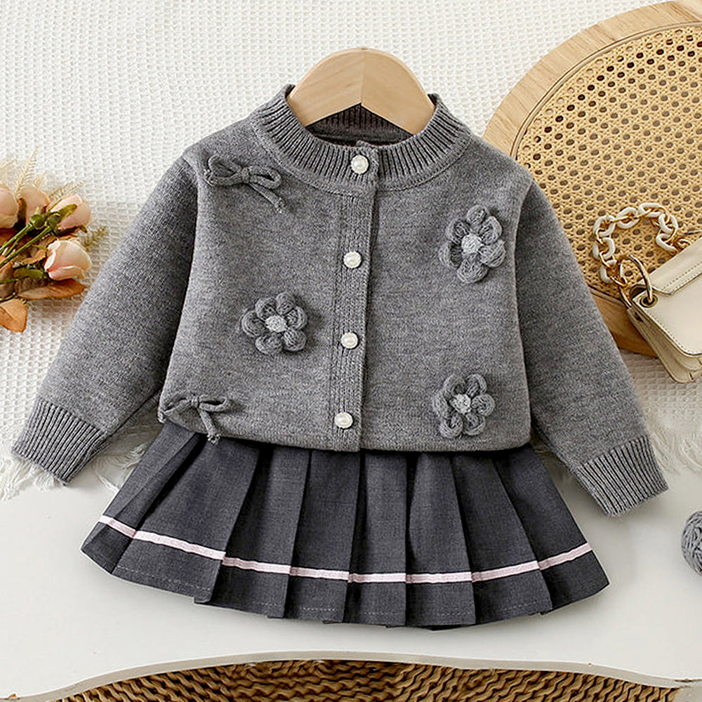 3D Flowers-Bows Grey Cardigan and Pleated Skirt Winterwear 2Pcs set for Girls