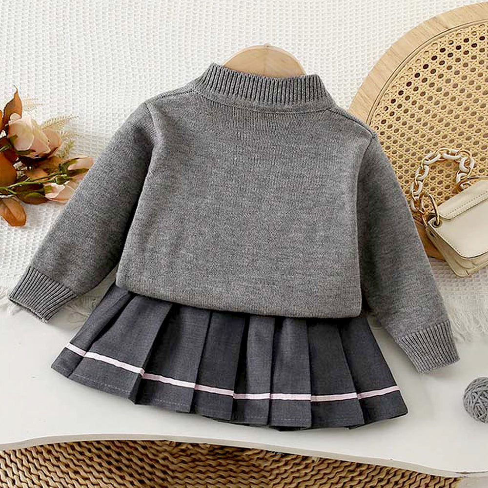 3D Flowers-Bows Grey Cardigan and Pleated Skirt Winterwear 2Pcs set for Girls