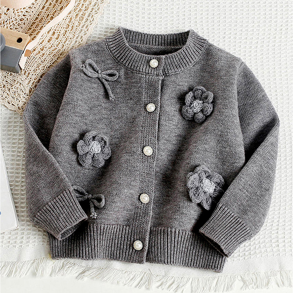 3D Flowers-Bows Grey Cardigan and Pleated Skirt Winterwear 2Pcs set for Girls