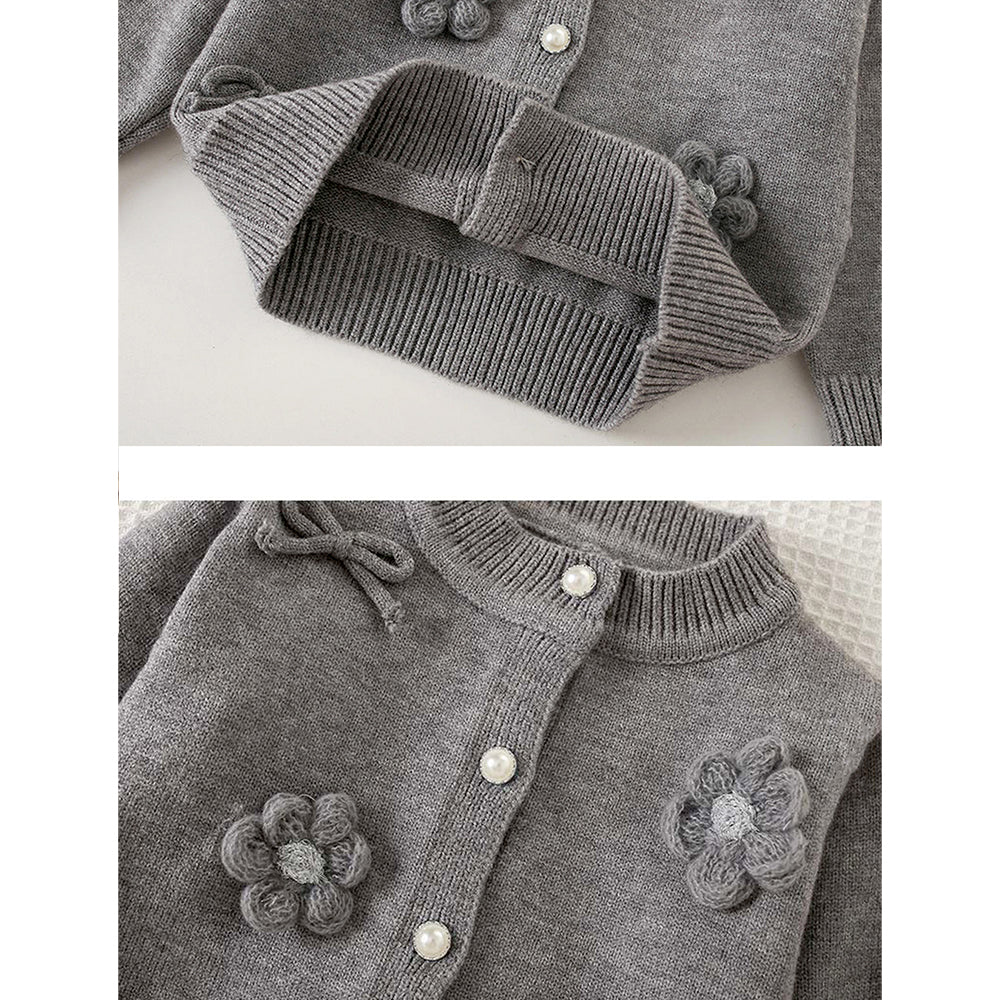 3D Flowers-Bows Grey Cardigan and Pleated Skirt Winterwear 2Pcs set for Girls