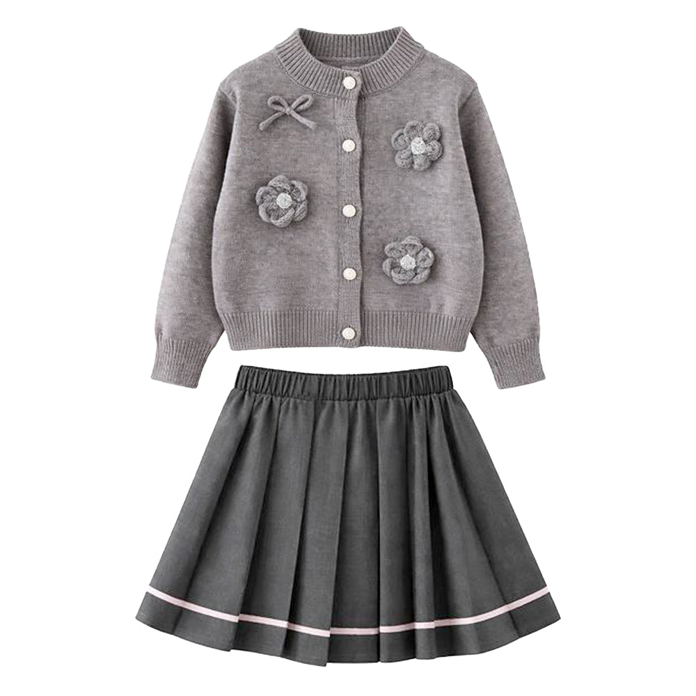 3D Flowers-Bows Grey Cardigan and Pleated Skirt Winterwear 2Pcs set for Girls
