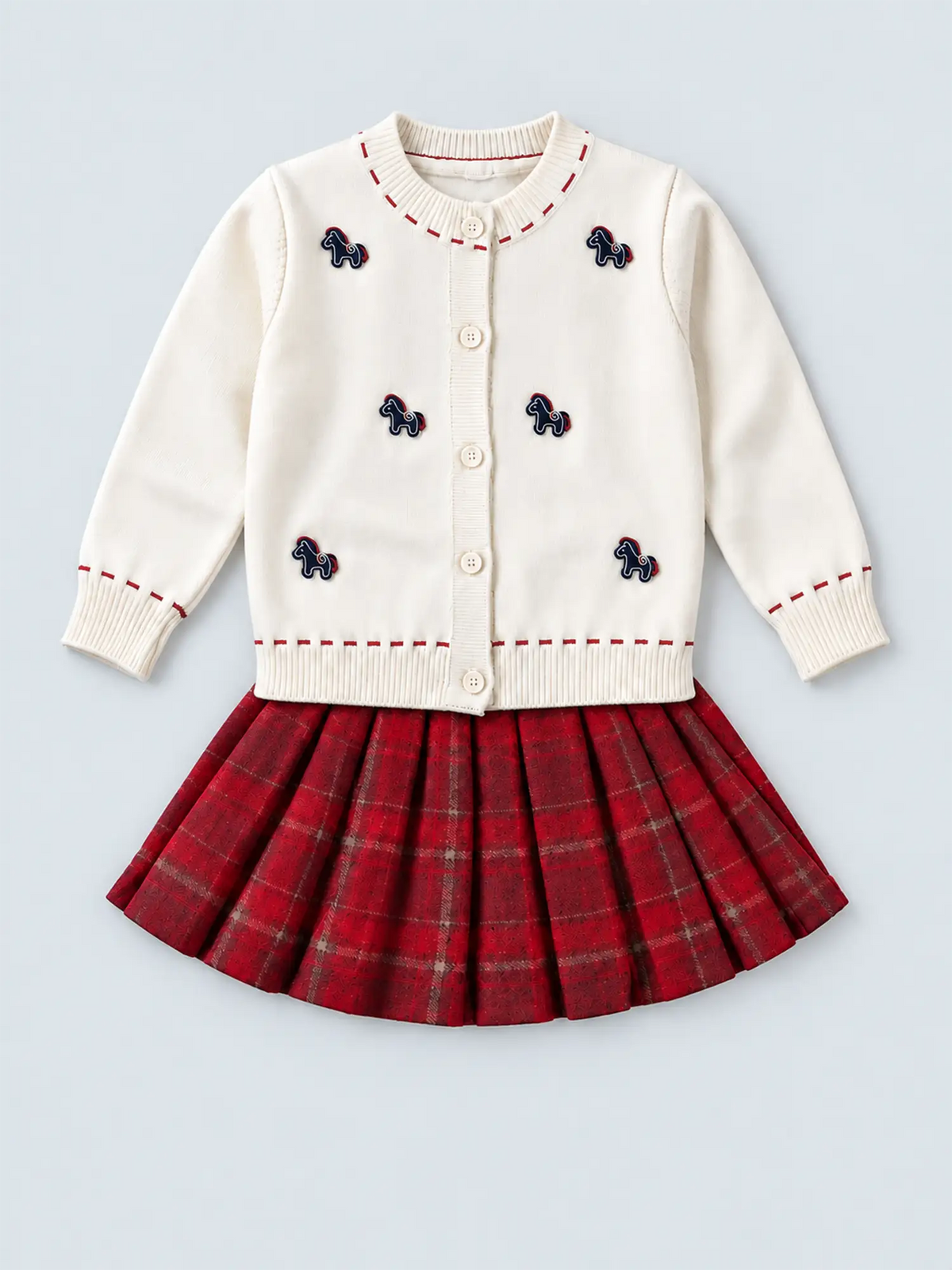 Ivory Horse Cardigan & Maroon Checked Skirt, Winterwear, 2 Pcs Set for Girls