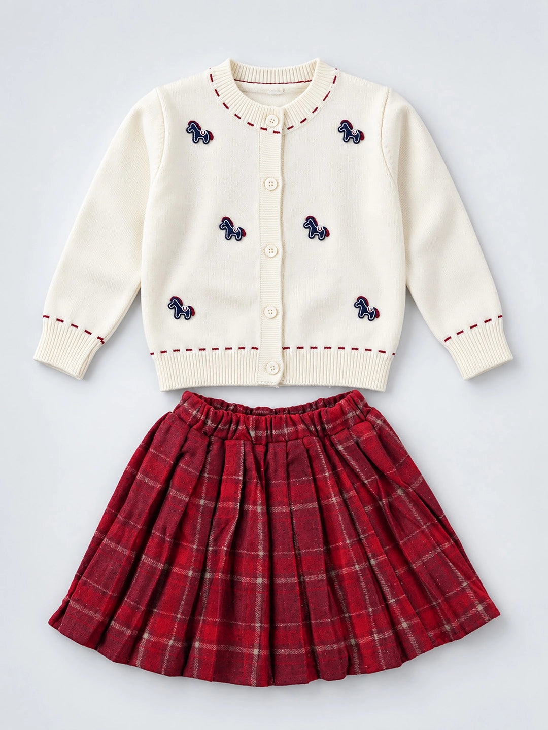 Ivory Horse Cardigan & Maroon Checked Skirt, Winterwear, 2 Pcs Set for Girls