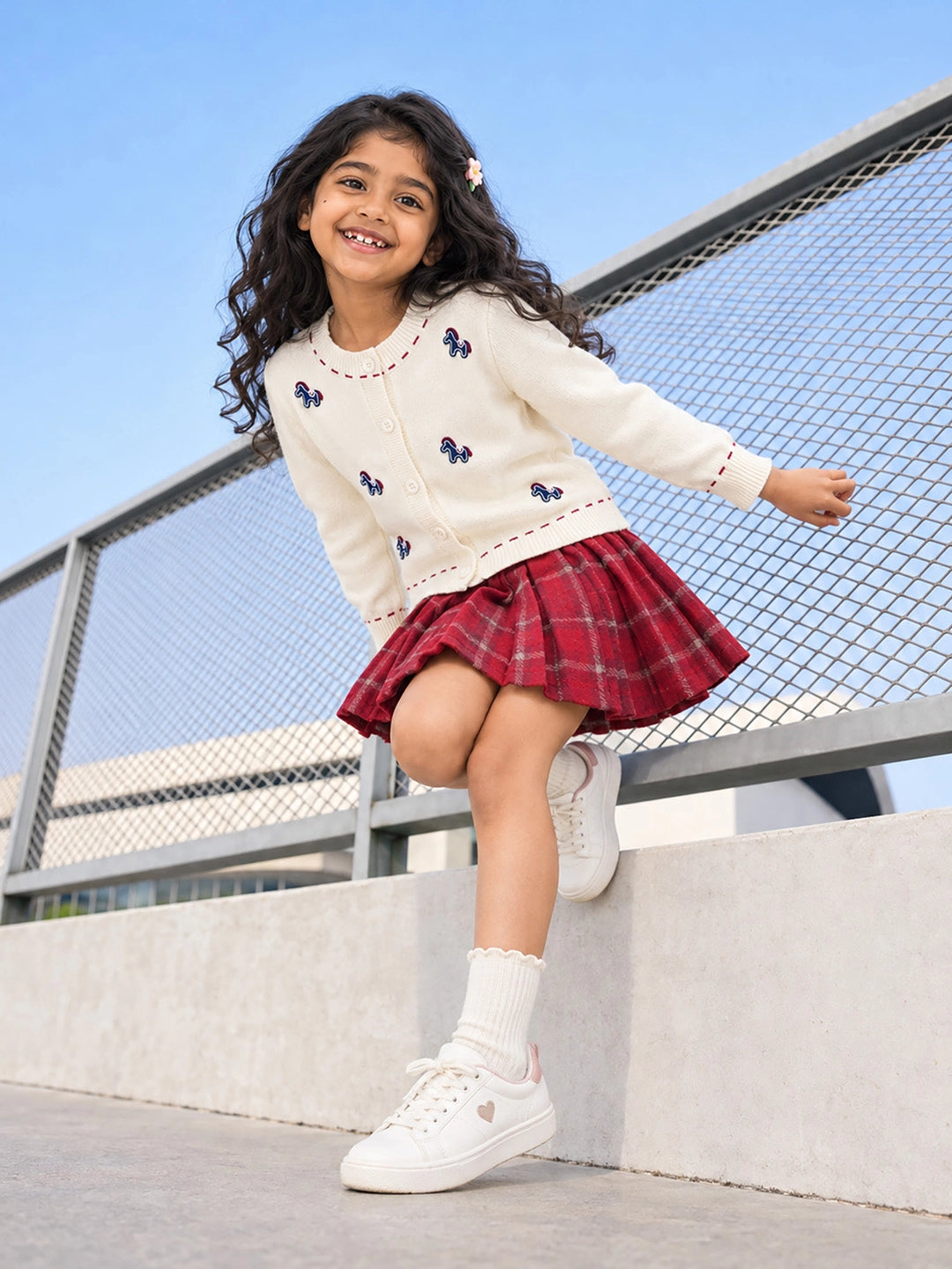 Ivory Horse Cardigan & Maroon Checked Skirt, Winterwear, 2 Pcs Set for Girls