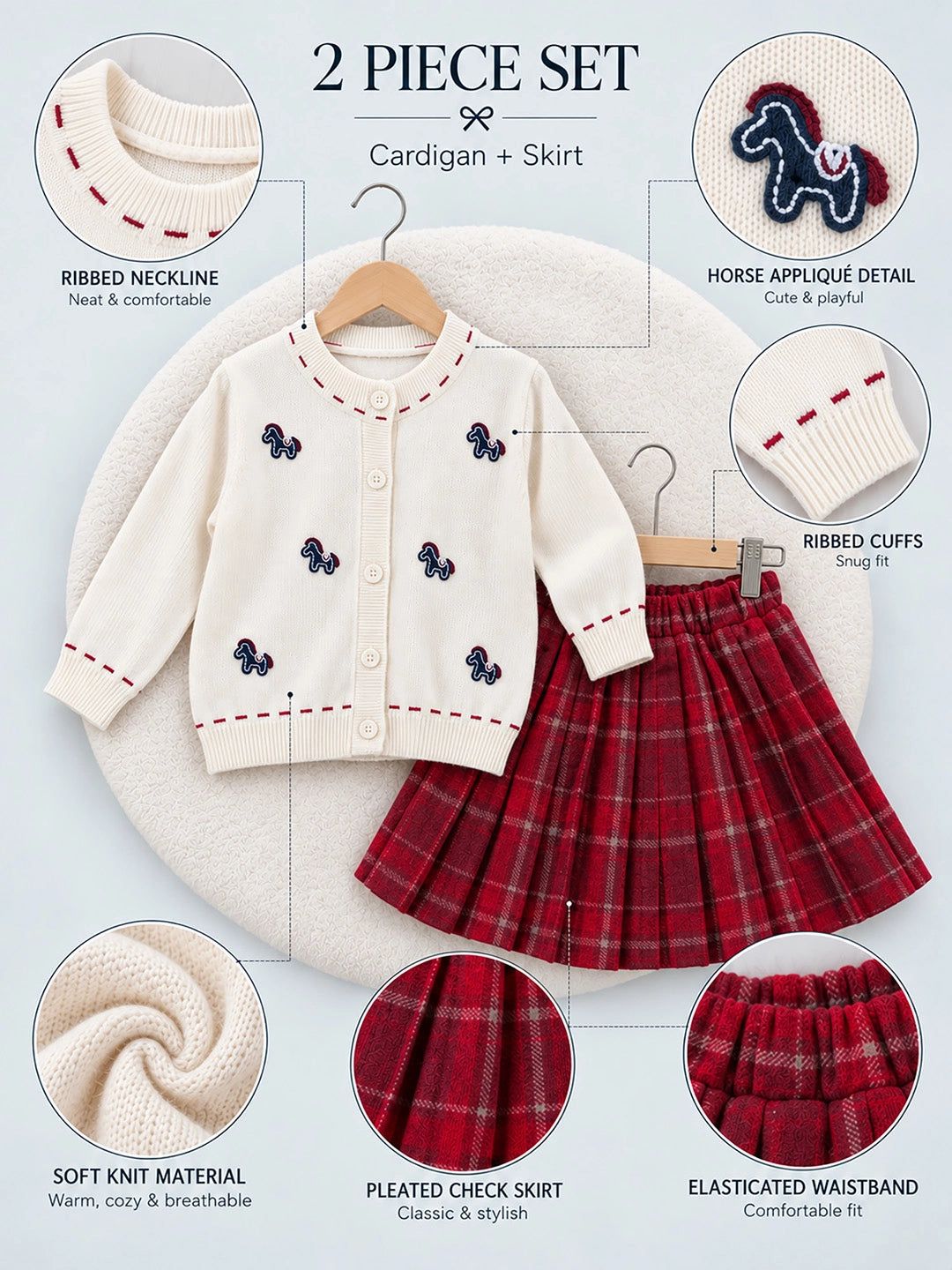 Ivory Horse Cardigan & Maroon Checked Skirt, Winterwear, 2 Pcs Set for Girls