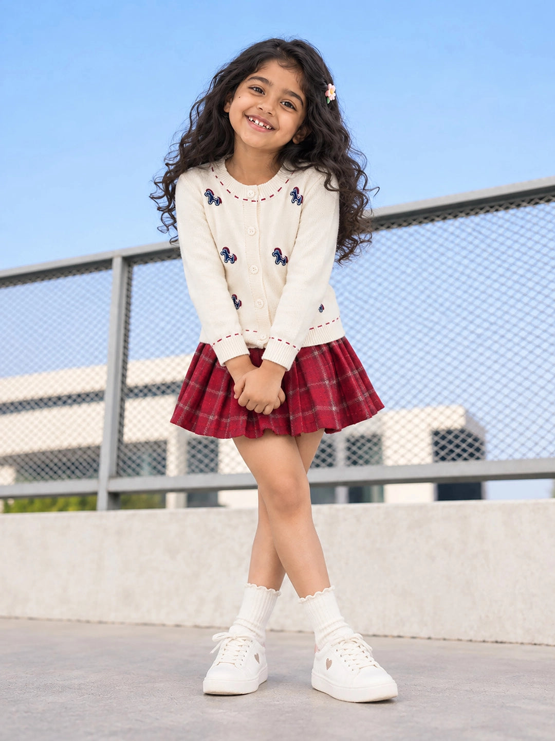 Ivory Horse Cardigan & Maroon Checked Skirt, Winterwear, 2 Pcs Set for Girls