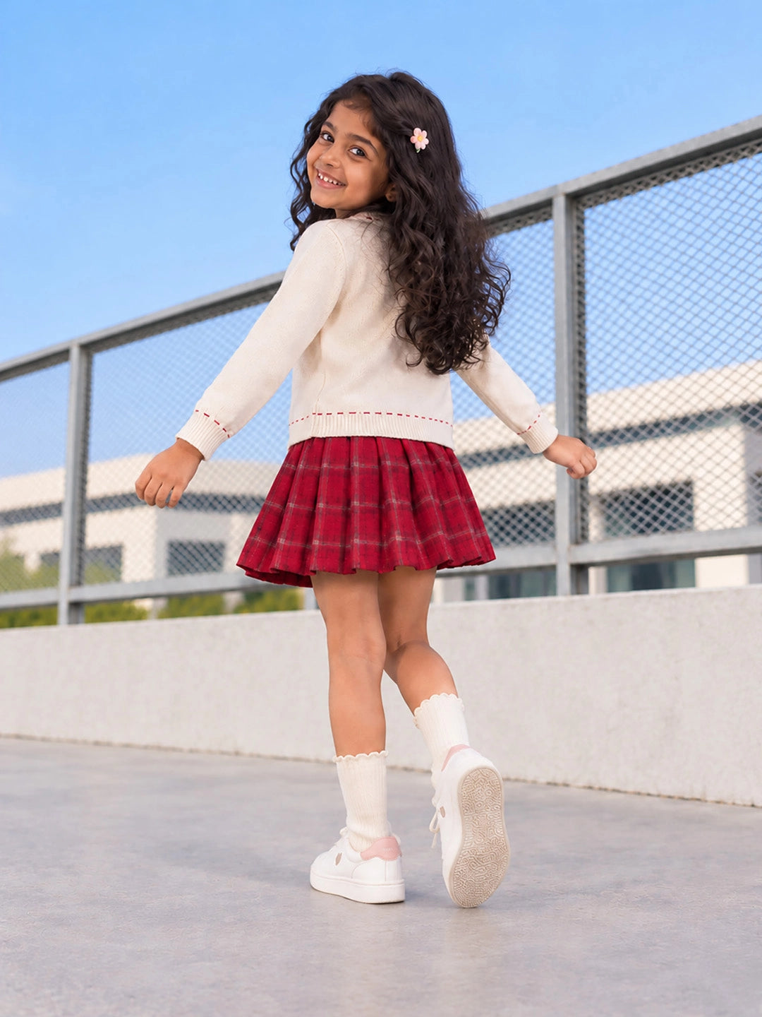 Ivory Horse Cardigan & Maroon Checked Skirt, Winterwear, 2 Pcs Set for Girls