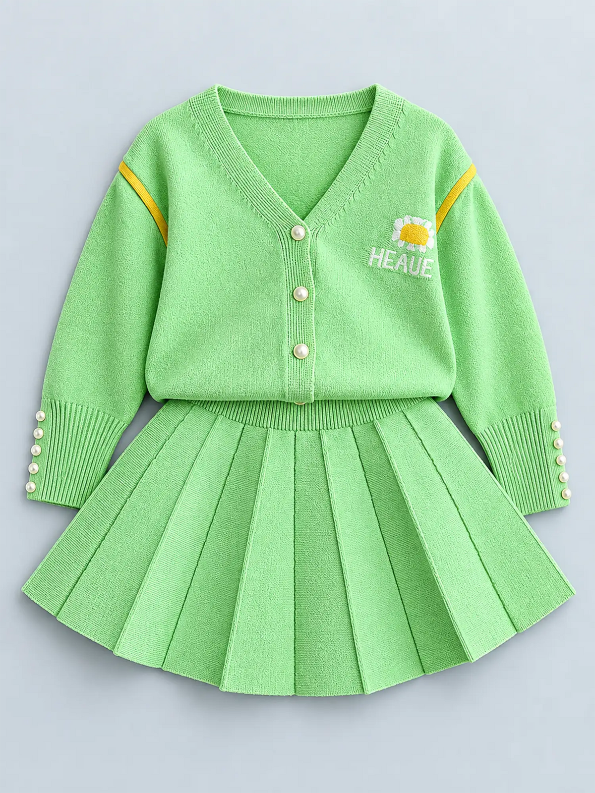 Mint Green V neck style 2 pcs, Skirt and Top Winterwear set for Girls.