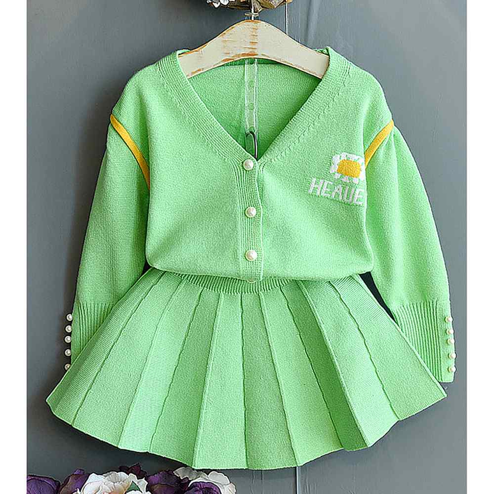 Mint Green V neck style 2 pcs, Skirt and Top Winterwear set for Girls.