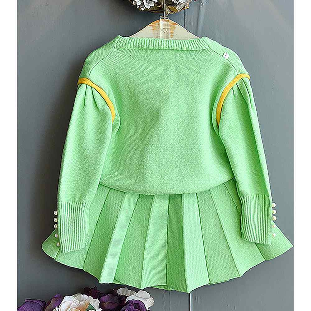 Mint Green V neck style 2 pcs, Skirt and Top Winterwear set for Girls.