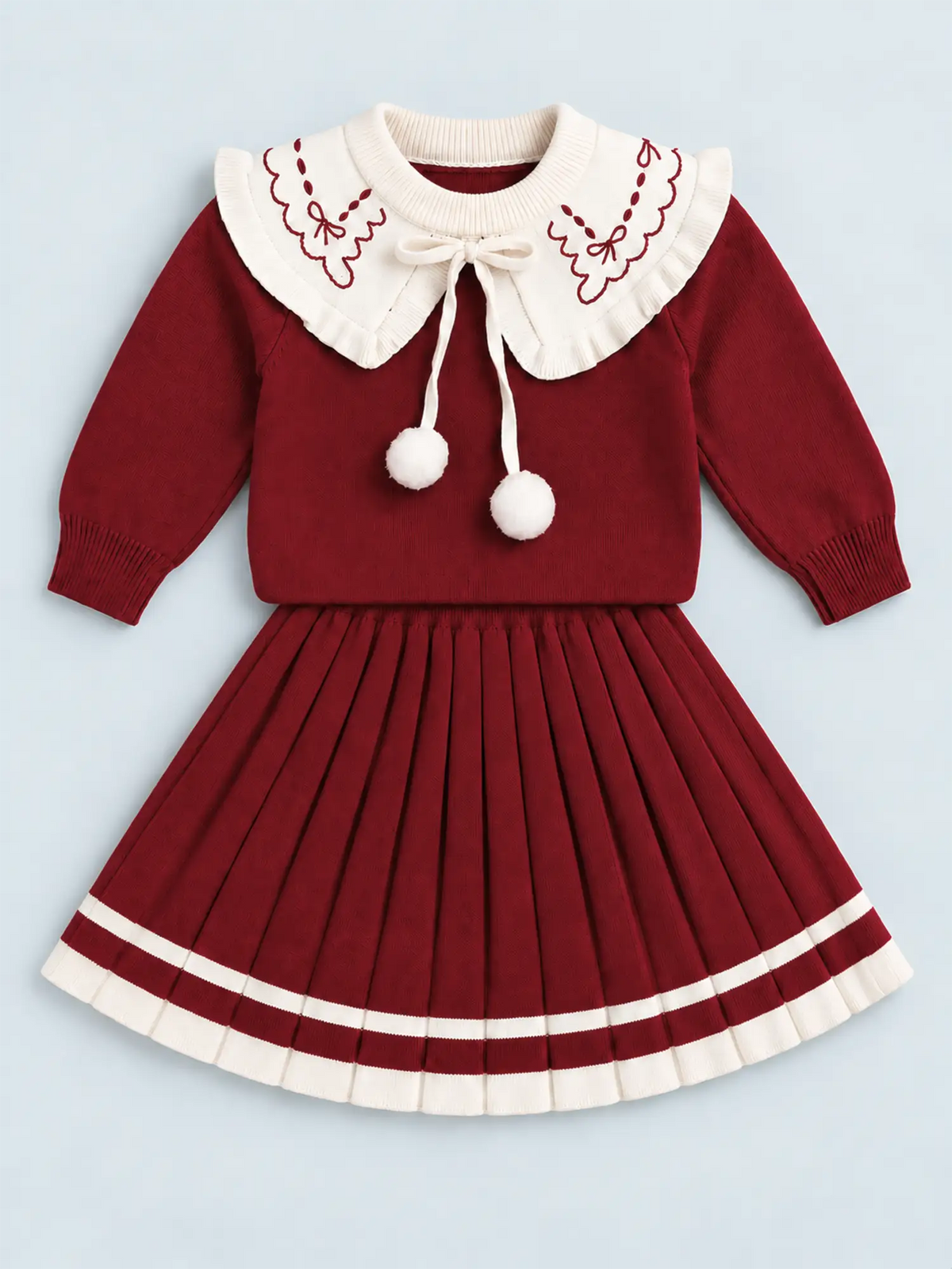 Maroon Ruffle-Collar Sweater & Pleated Skirt with Bow Pom-Pom Clip, Winterwear 2 Pcs Set for Girls
