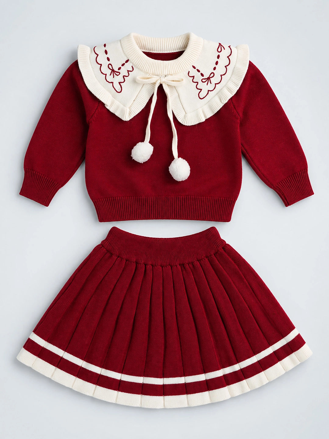 Maroon Ruffle-Collar Sweater & Pleated Skirt with Bow Pom-Pom Clip, Winterwear 2 Pcs Set for Girls