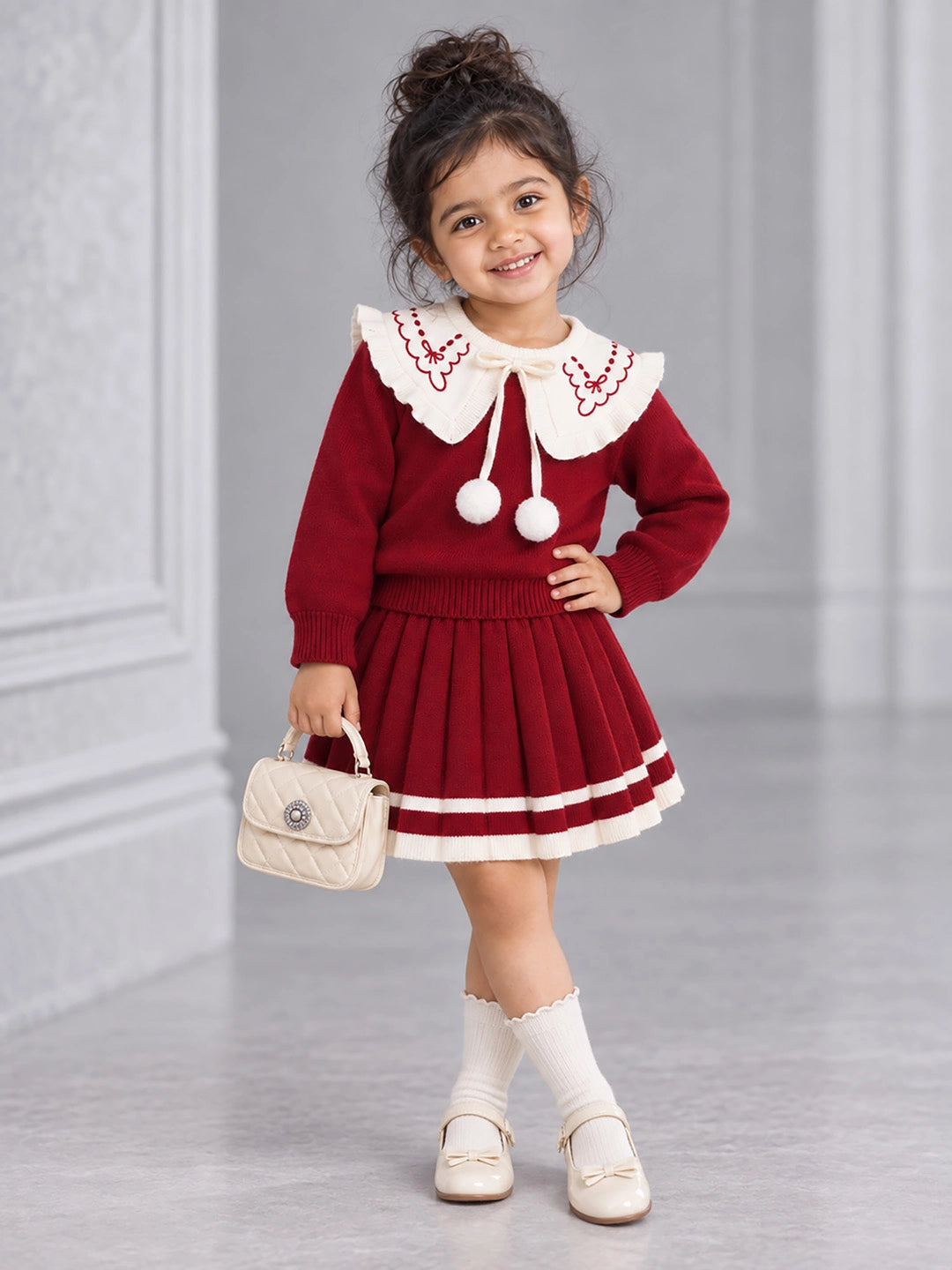 Maroon Ruffle-Collar Sweater & Pleated Skirt with Bow Pom-Pom Clip, Winterwear 2 Pcs Set for Girls