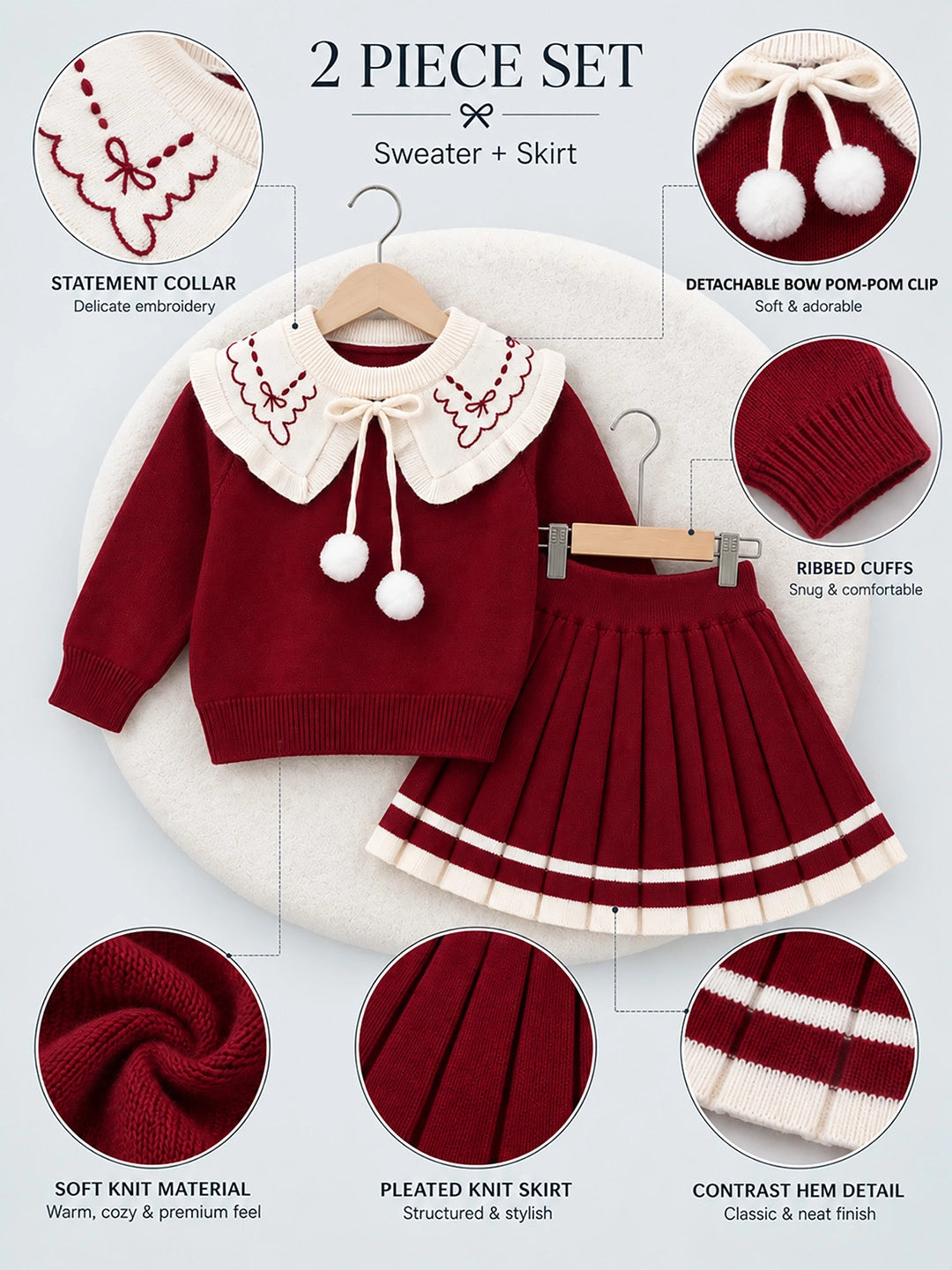 Maroon Ruffle-Collar Sweater & Pleated Skirt with Bow Pom-Pom Clip, Winterwear 2 Pcs Set for Girls