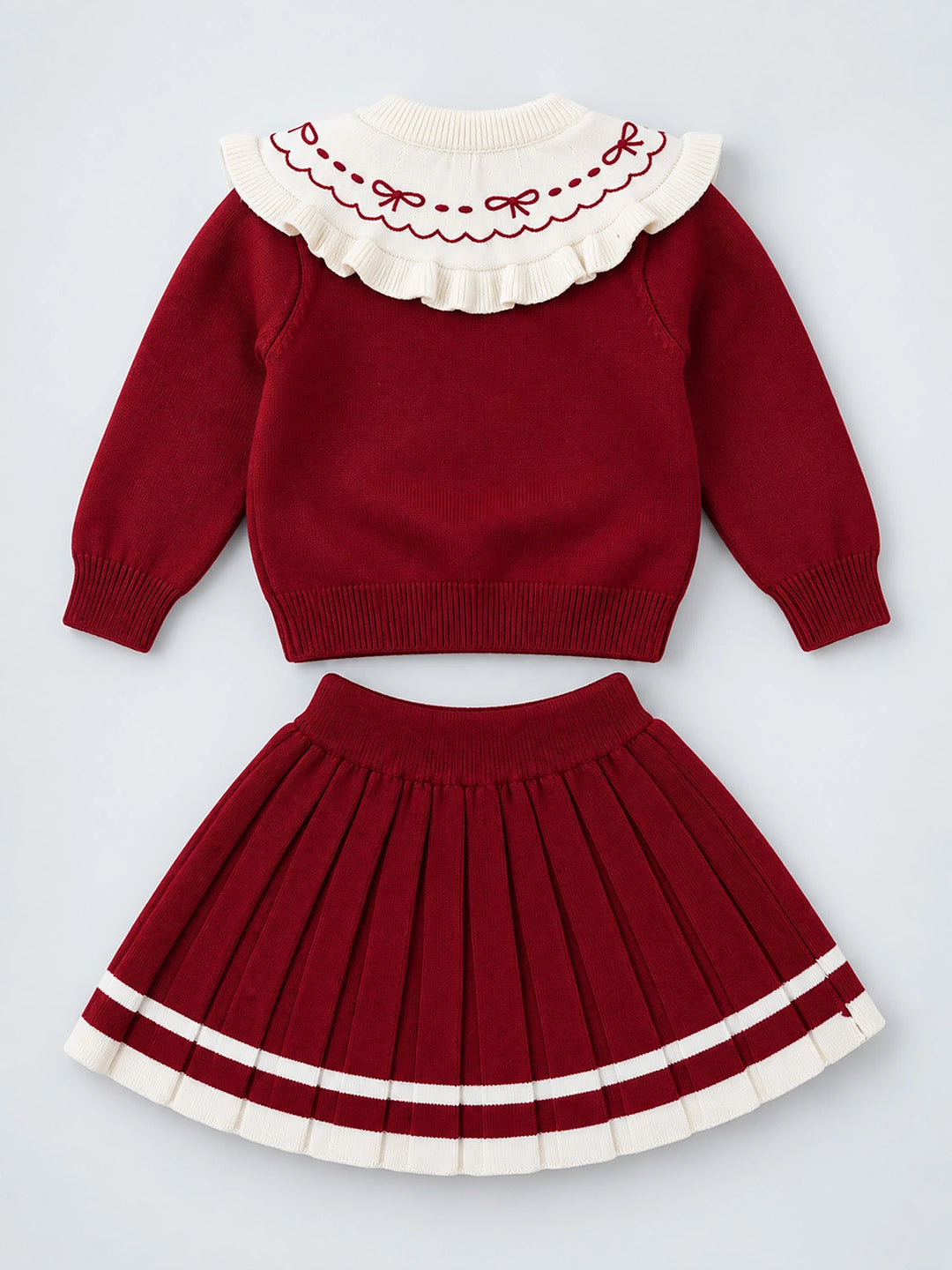 Maroon Ruffle-Collar Sweater & Pleated Skirt with Bow Pom-Pom Clip, Winterwear 2 Pcs Set for Girls