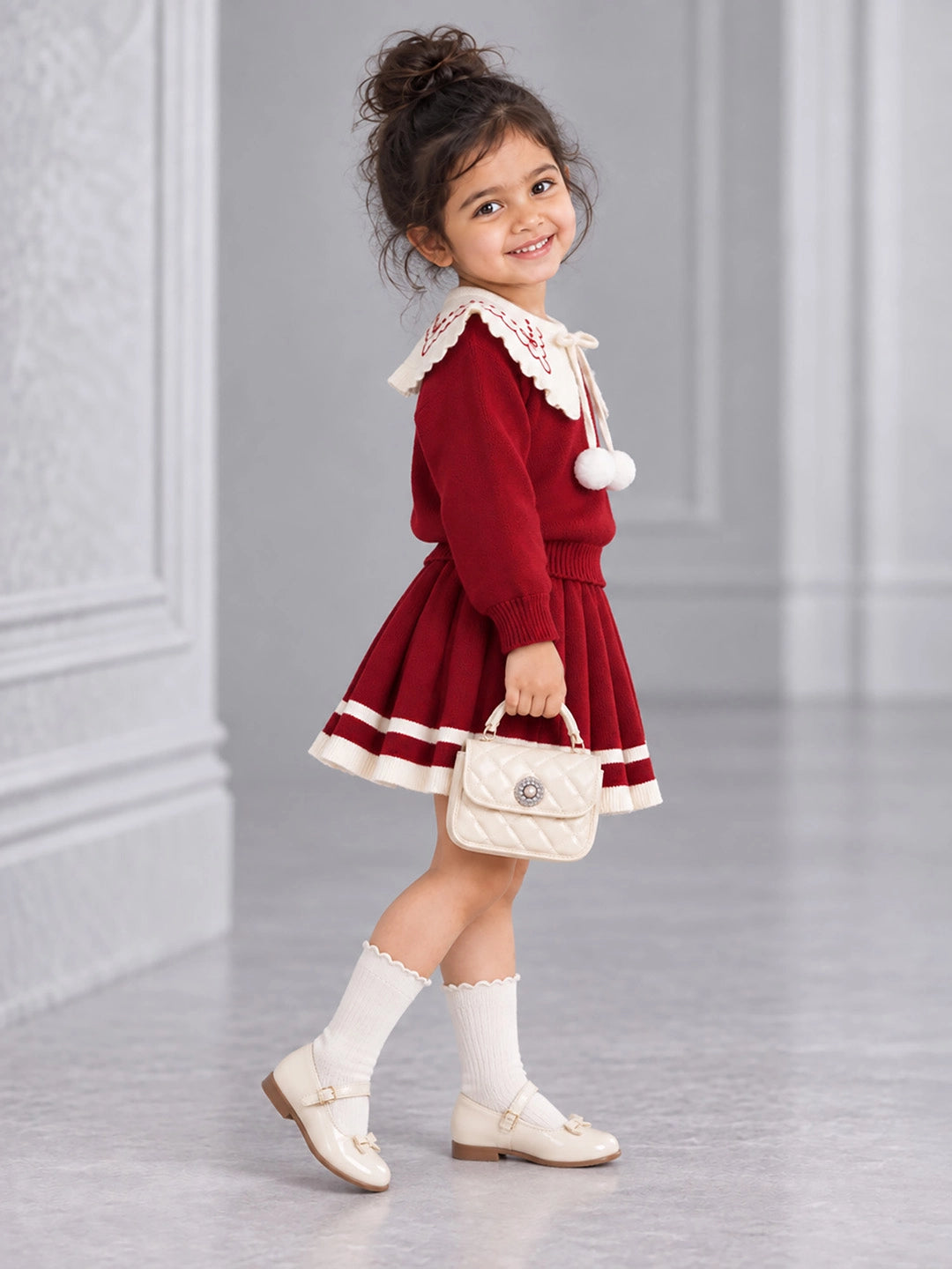Maroon Ruffle-Collar Sweater & Pleated Skirt with Bow Pom-Pom Clip, Winterwear 2 Pcs Set for Girls