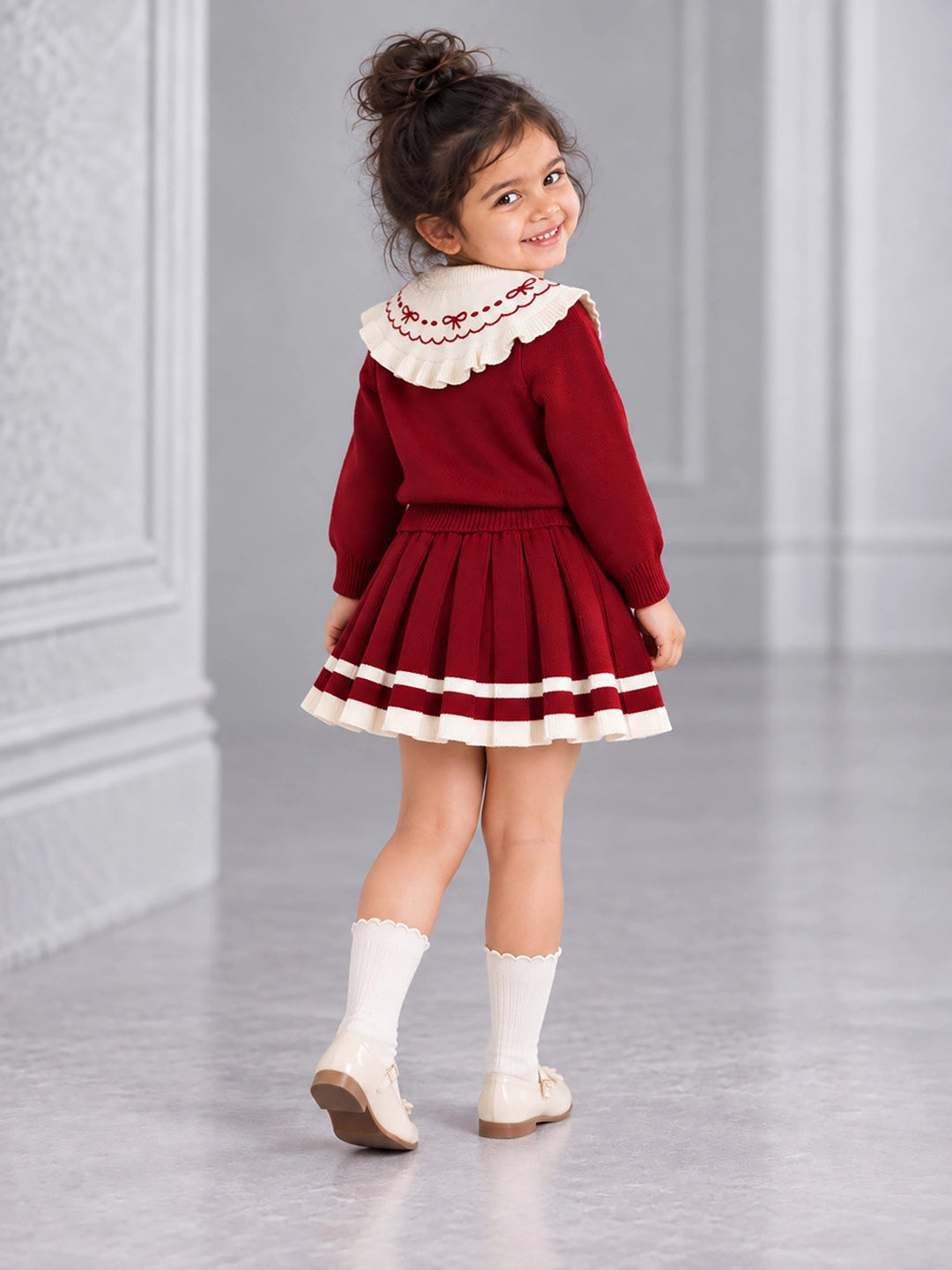 Maroon Ruffle-Collar Sweater & Pleated Skirt with Bow Pom-Pom Clip, Winterwear 2 Pcs Set for Girls