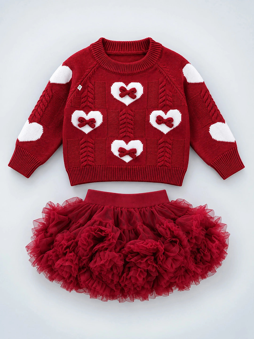 Maroon Heart & Bow Sweater with Fluffy Ruffle Skirt, Winterwear, 2 Pcs Set for Girls
