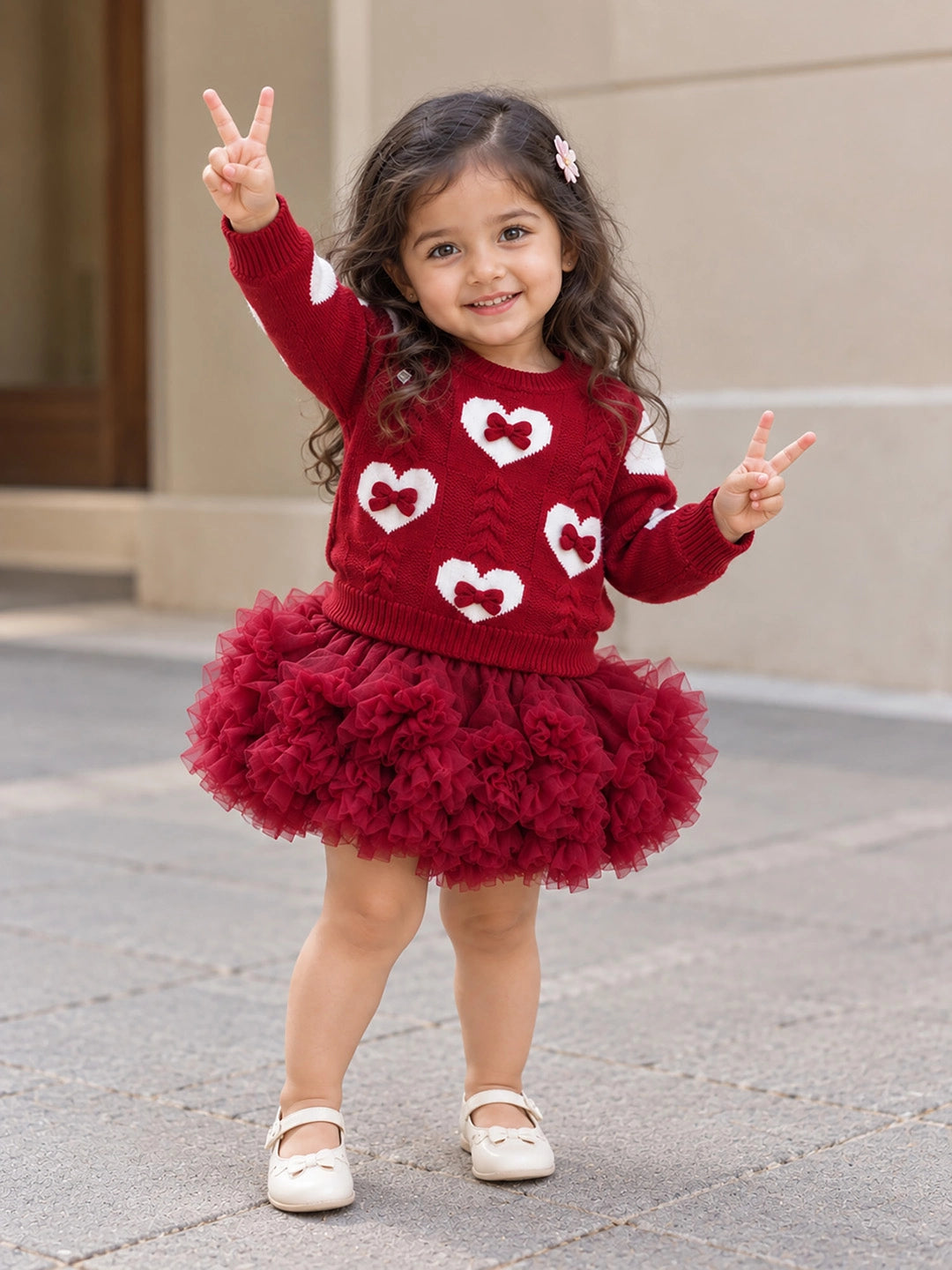 Maroon Heart & Bow Sweater with Fluffy Ruffle Skirt, Winterwear, 2 Pcs Set for Girls