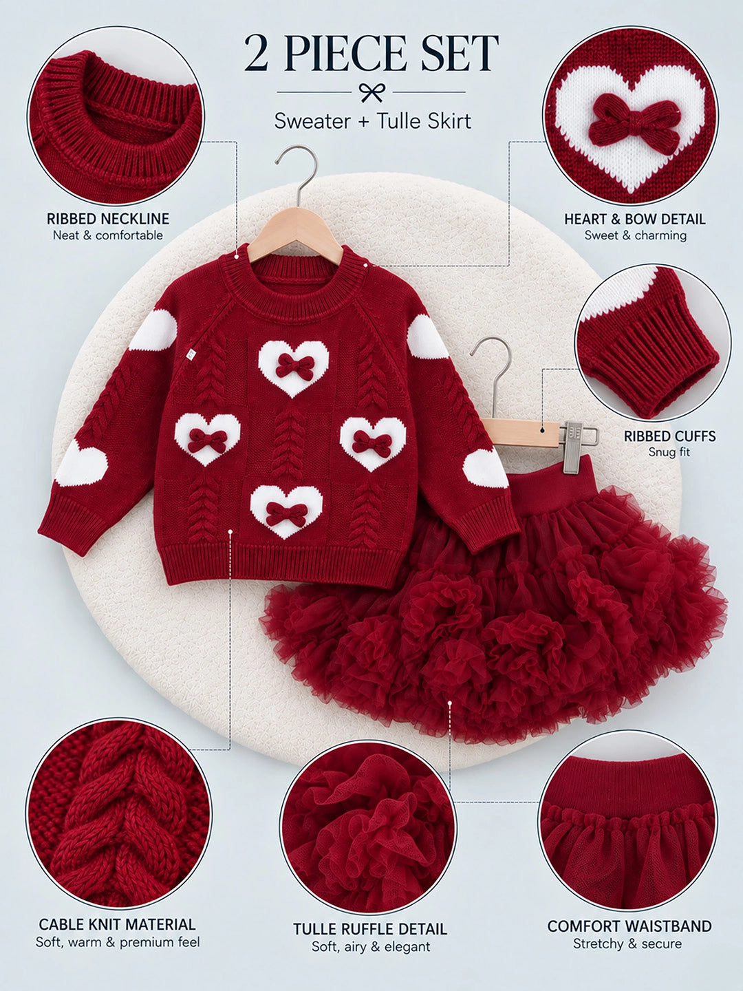Maroon Heart & Bow Sweater with Fluffy Ruffle Skirt, Winterwear, 2 Pcs Set for Girls
