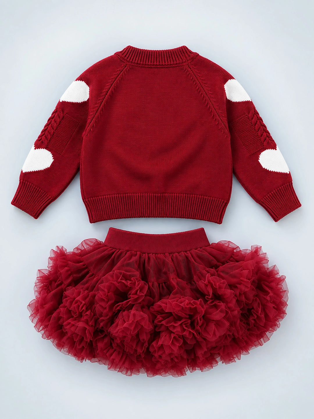 Maroon Heart & Bow Sweater with Fluffy Ruffle Skirt, Winterwear, 2 Pcs Set for Girls
