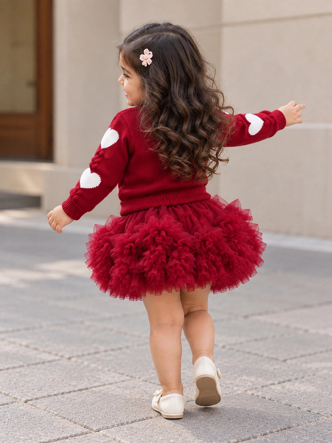 Maroon Heart & Bow Sweater with Fluffy Ruffle Skirt, Winterwear, 2 Pcs Set for Girls