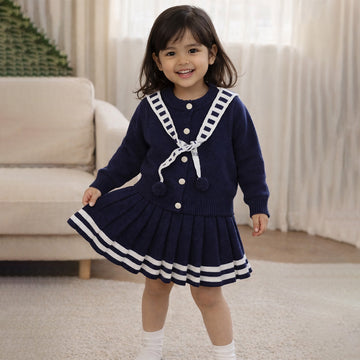 Navy Cardigan & Skirt with Muffler, Winterwear 2Pcs set for Girls