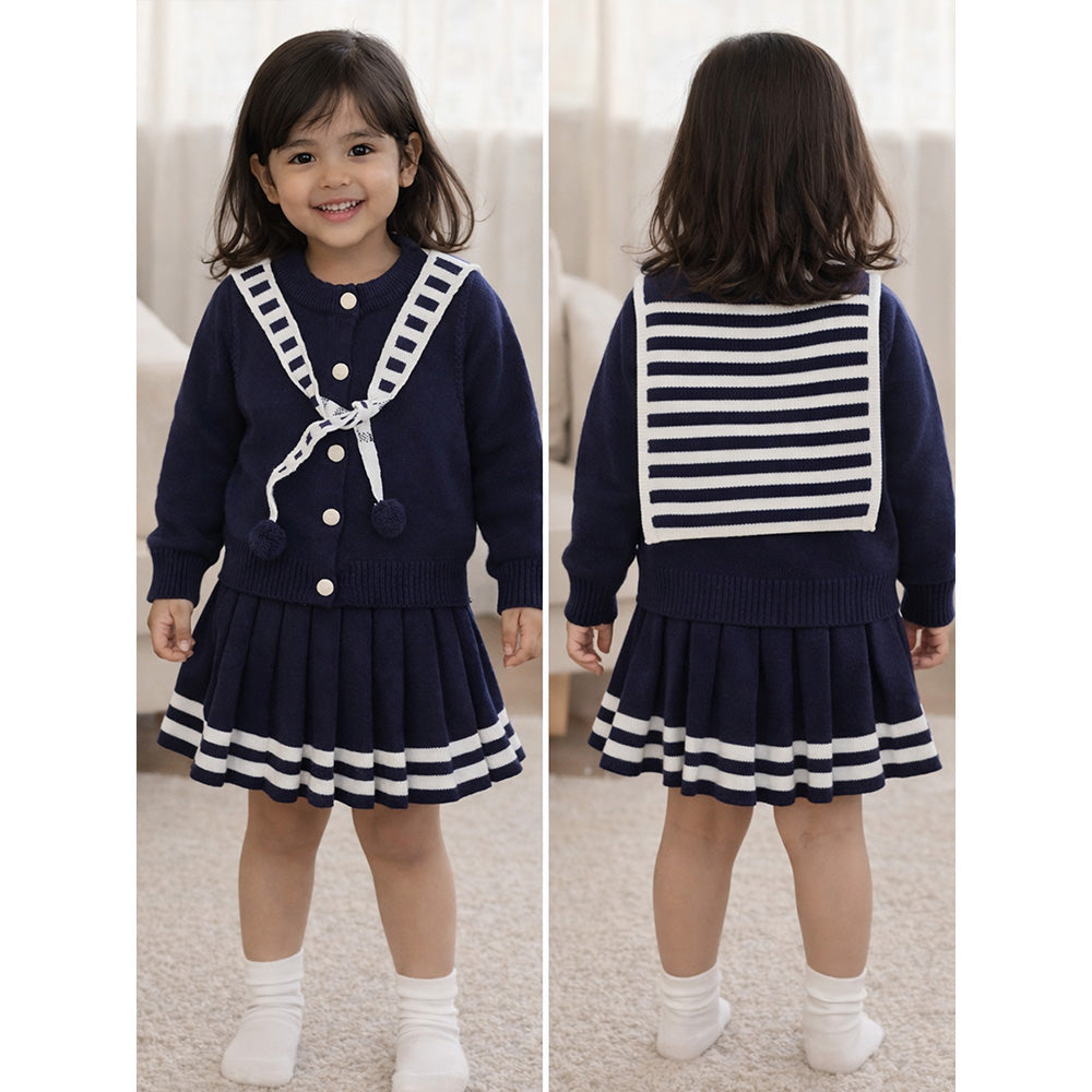 Navy Cardigan & Skirt with Muffler, Winterwear 2Pcs set for Girls