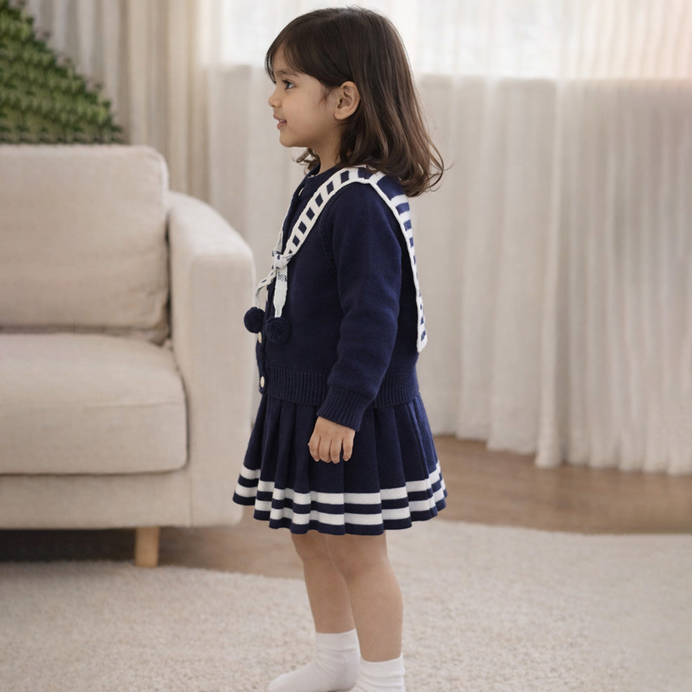 Navy Cardigan & Skirt with Muffler, Winterwear 2Pcs set for Girls