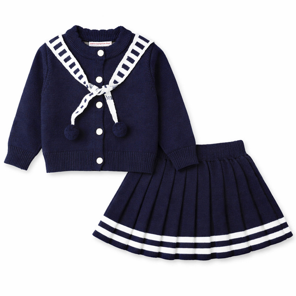 Navy Cardigan & Skirt with Muffler, Winterwear 2Pcs set for Girls