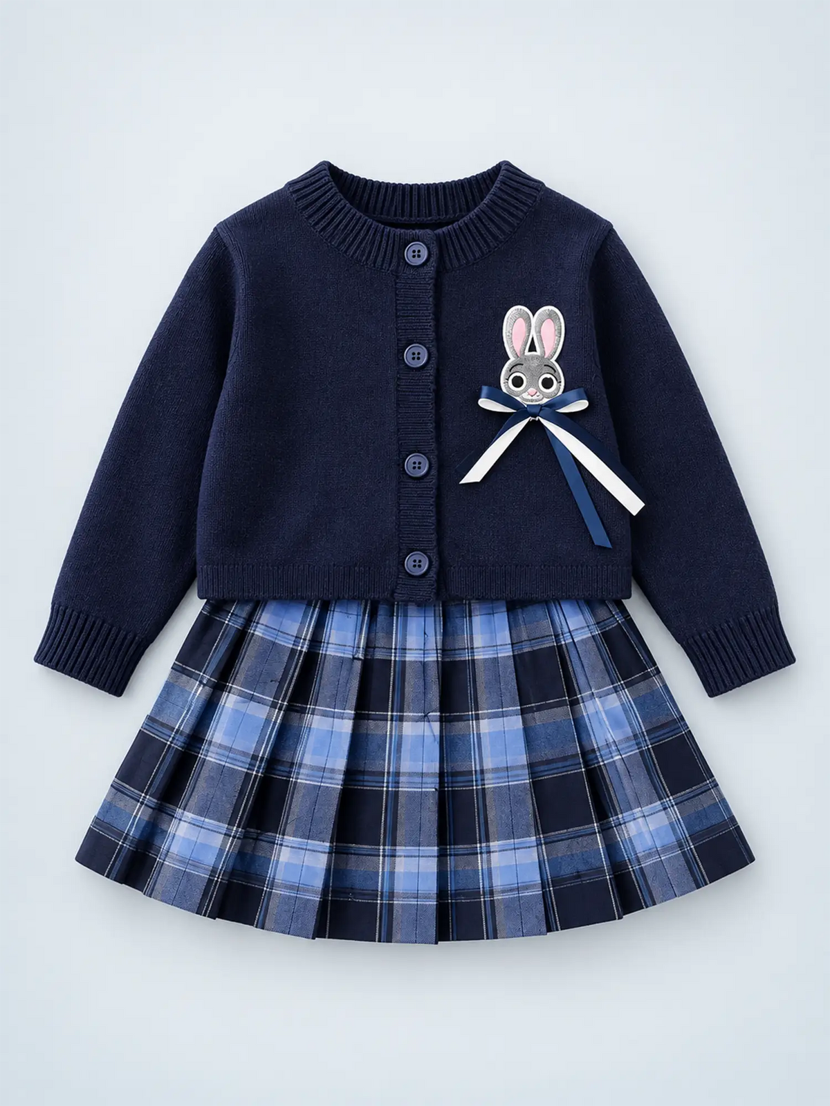 Navy Bunny Cardigan & Checked Skirt, Winterwear 2Pcs set for Girls