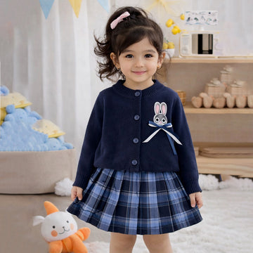 Navy Bunny Cardigan & Checked Skirt, Winterwear 2Pcs set for Girls