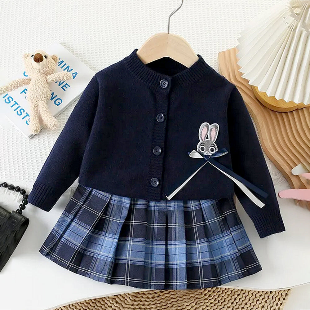 Navy Bunny Cardigan & Checked Skirt, Winterwear 2Pcs set for Girls