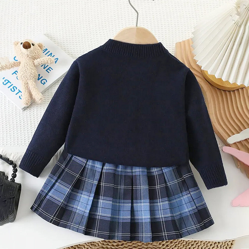 Navy Bunny Cardigan & Checked Skirt, Winterwear 2Pcs set for Girls