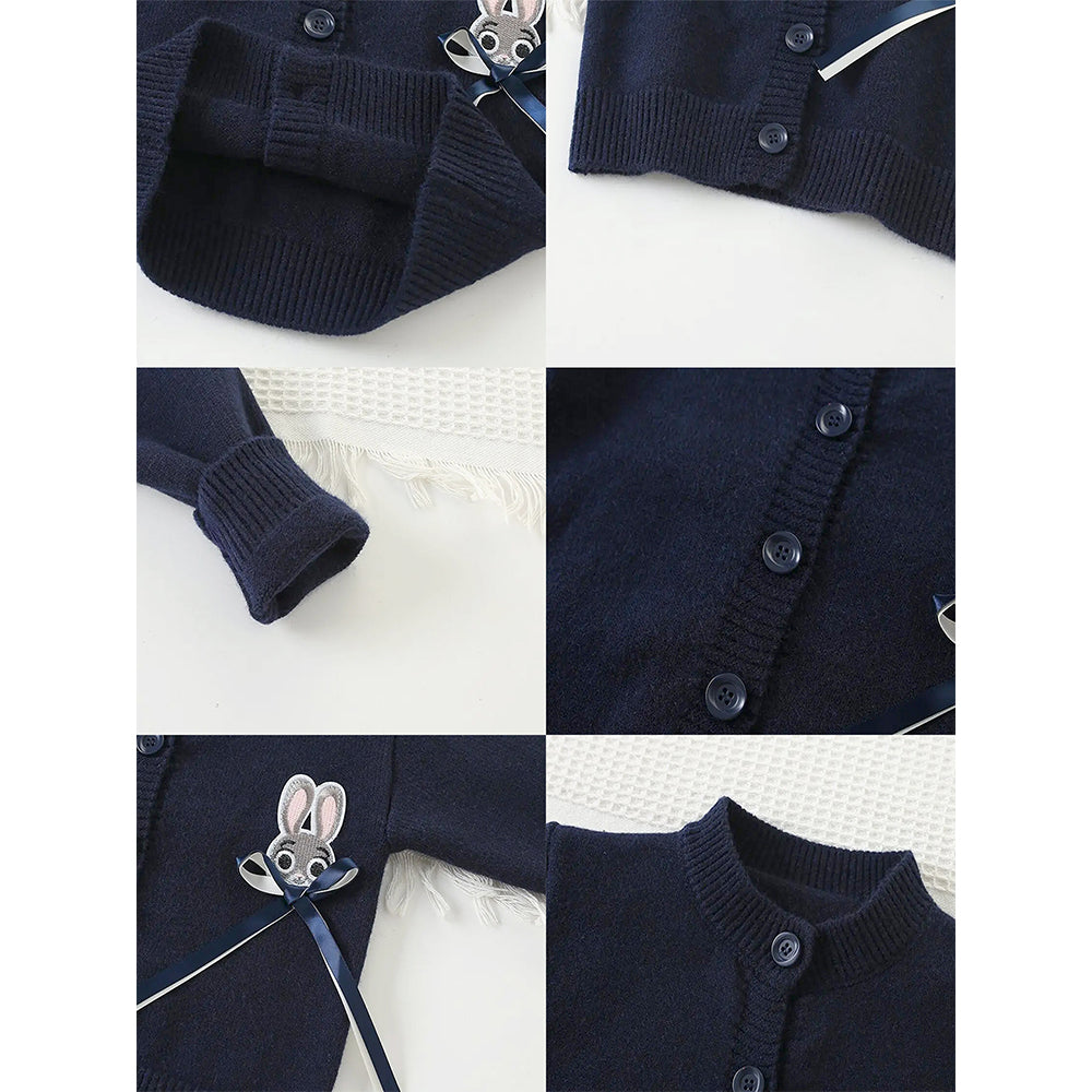 Navy Bunny Cardigan & Checked Skirt, Winterwear 2Pcs set for Girls