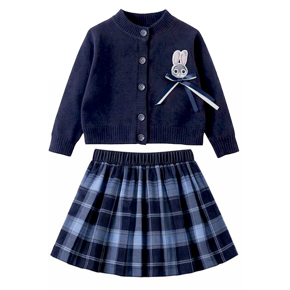 Navy Bunny Cardigan & Checked Skirt, Winterwear 2Pcs set for Girls