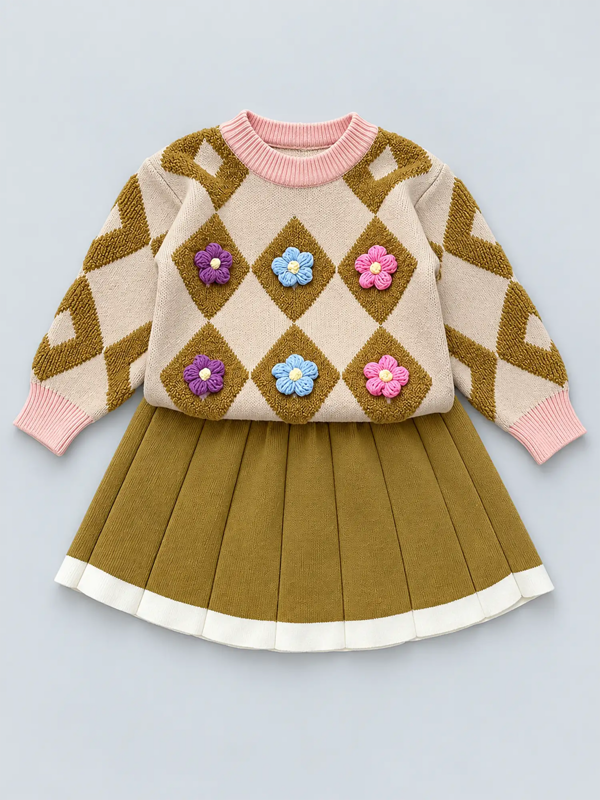 2 pcs Occur Diamond Floral Cardigan and Skirt Winter wear set